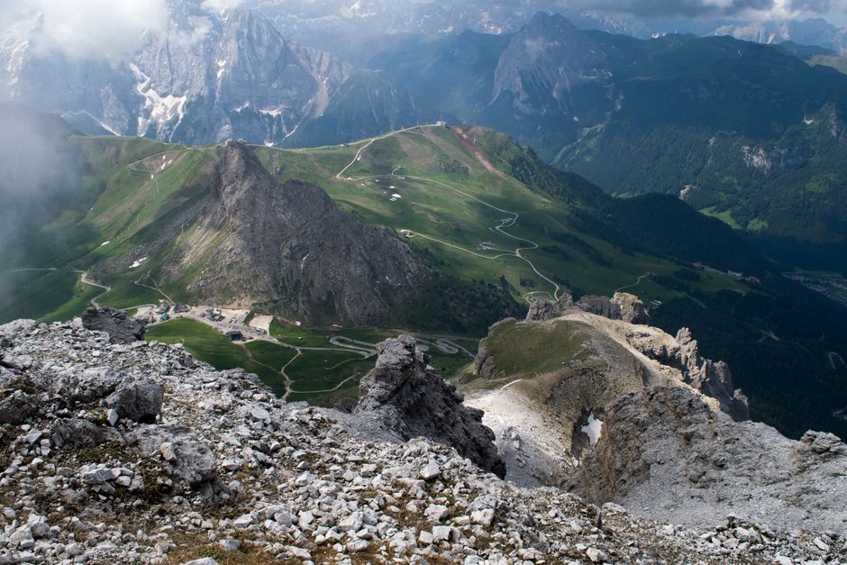 Aerial winding road through the Dolomites