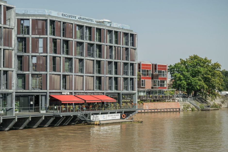 Contemporary apartment and river view in Wrocław, Poland.