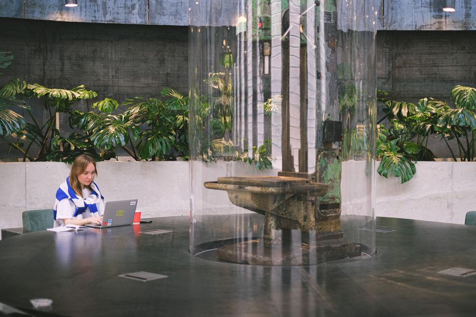 Woman working on laptop in a modern office with greenery and industrial decor.
