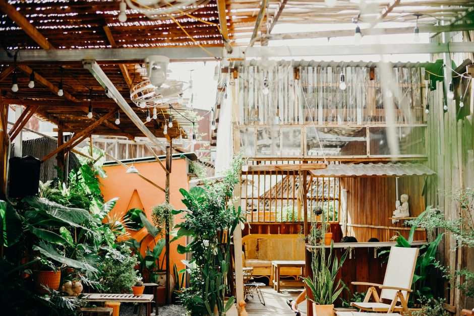 A cozy urban patio featuring lush plants and rustic wooden decor, perfect for relaxation.