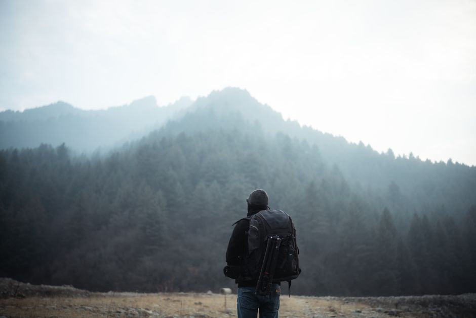 A lone backpacker stands in a misty forest, looking at the fog-covered mountains ahead.