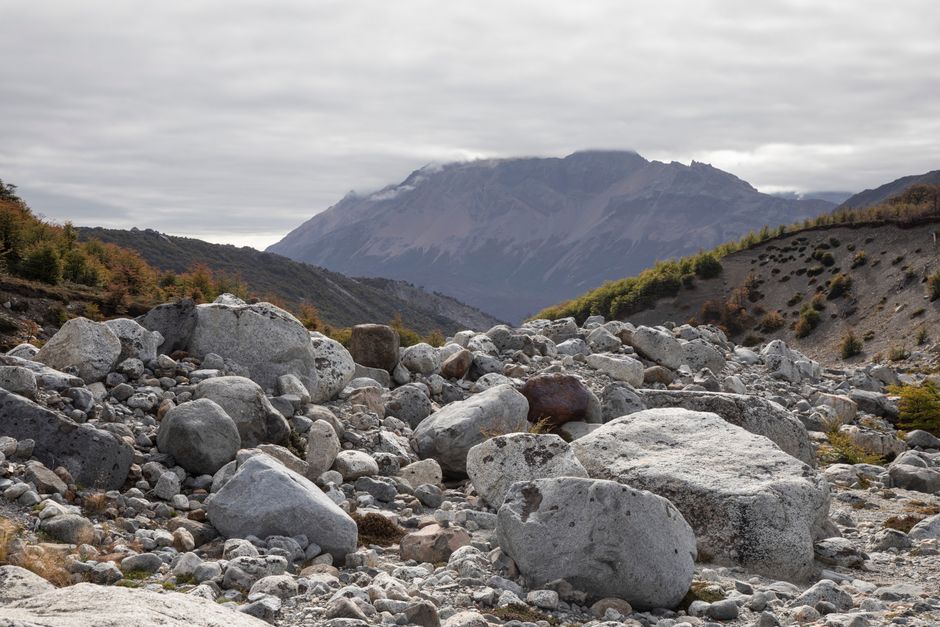 Rocky Patagonia landscape with autumn foliage