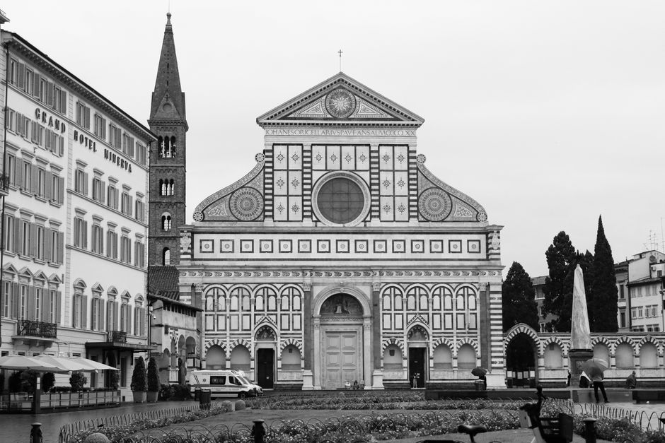 Black and white photo of Santa Maria Novella, Florence.