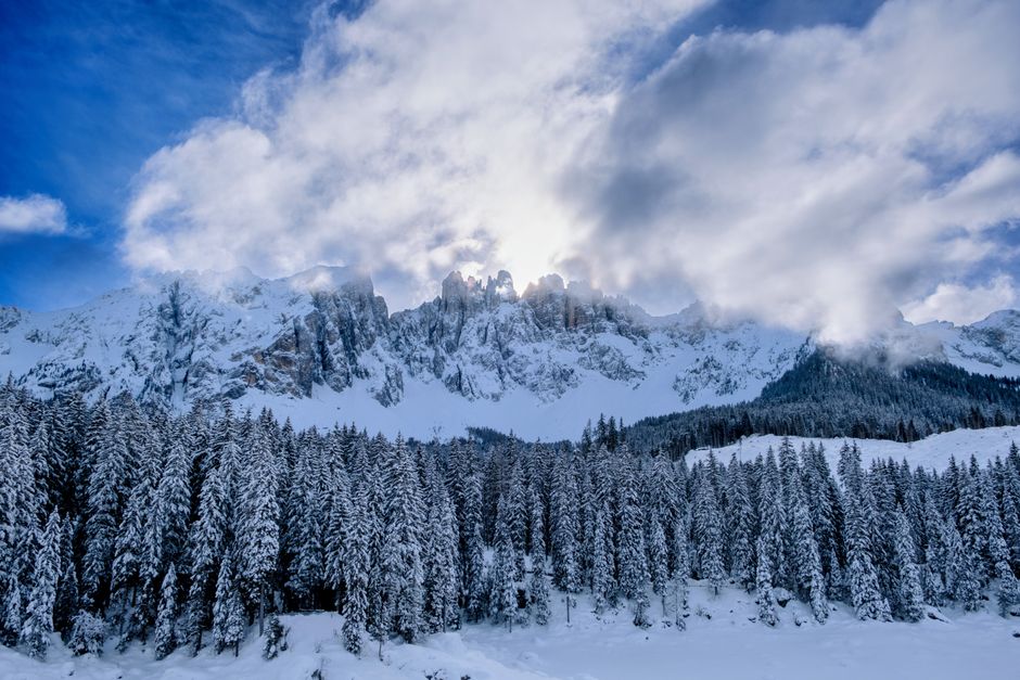 Snow-covered Dolomites winter landscape Carezza