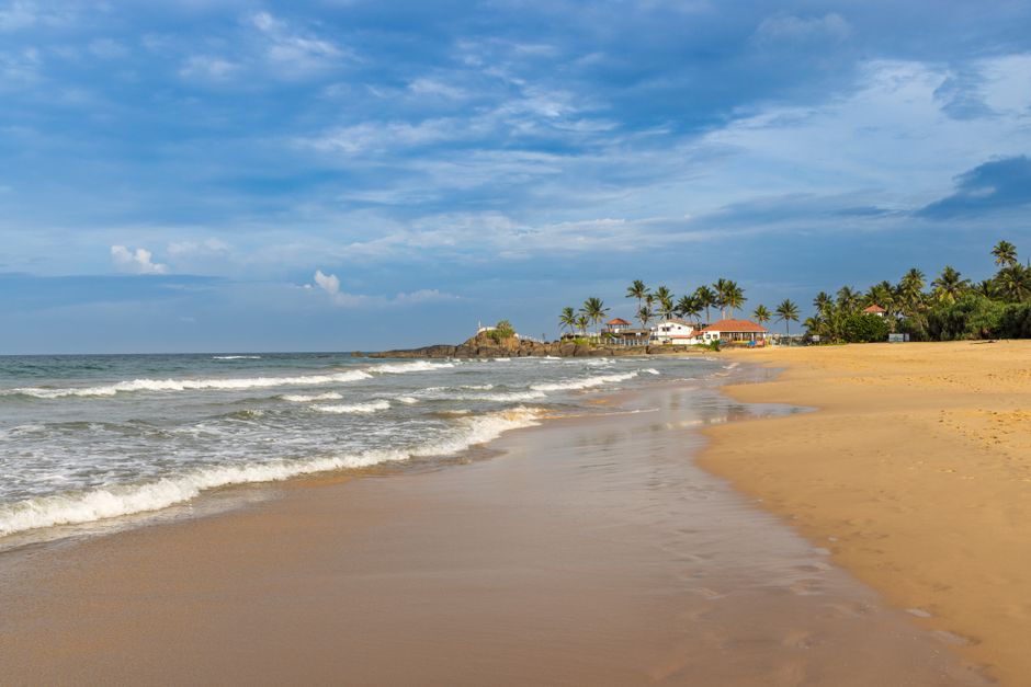 Beautiful sandy beach with palm trees and waves in Bentota, Sri Lanka.