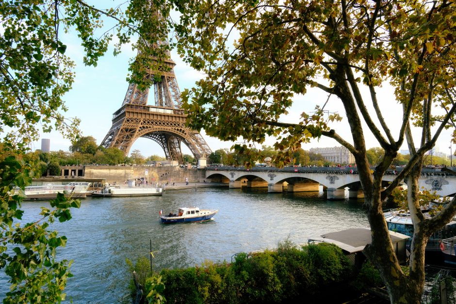 Captivating view of Eiffel Tower over Seine River with lush trees in Paris, France.