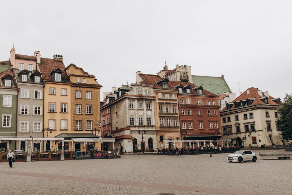 Beautiful historical buildings in Warsaw's Old Town square, a UNESCO World Heritage site.