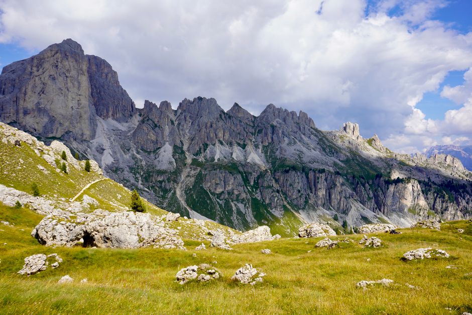 Stunning view of the Dolomites with rocky peaks and grassy foreground under a cloudy sky.