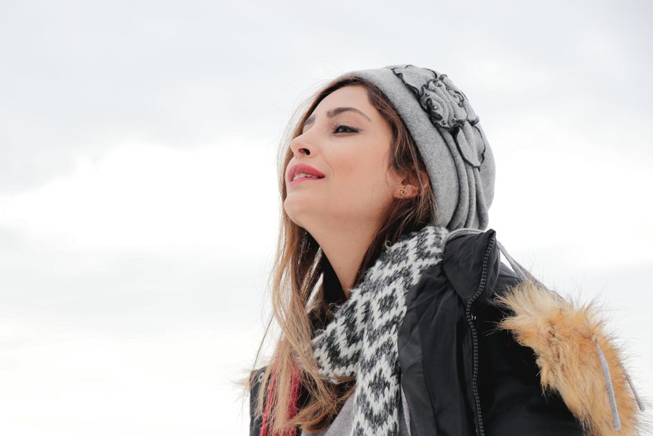 Woman in hat and scarf on a cold winter day